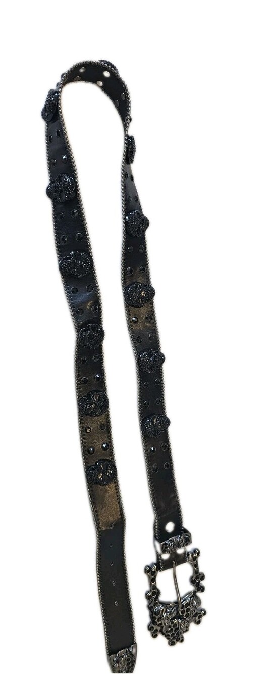 Unisex XXL Black Leather Gothic Skull Belt Ornate Buckle Rhinestone Studde